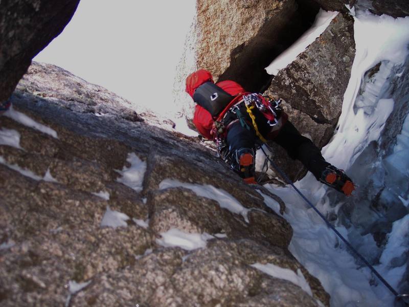 Phil Wortmann on the crux pitch without any ice to climb on!