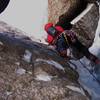Phil Wortmann on the crux pitch without any ice to climb on!