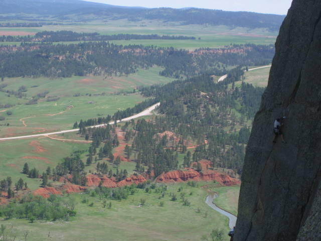 Climber on the wonderful Belle Fourche. Picture taken from the Teacher's Lounge Ledge. This pitch has got to be one of the best 10 cracks anywhere. Classic.