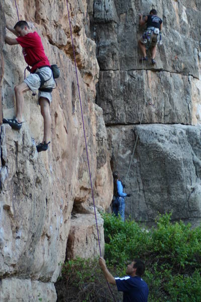 Brian on Fist Full of Dollars (Black Shirt)and right by the second bolt on the arete and just below the crux. The fun stuff lies above!! Bro Jason is on "Mickey Goes to Vegas" a very fun 5.9.