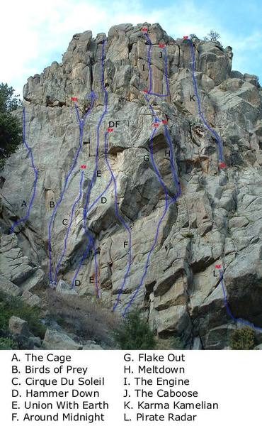 Midnight Rock, left side.<br>
<br>
A. The Cage 9+ R, gear.<br>
B. Birds of Prey 10 R, gear.<br>
C. Cirque Du Soleil 12c, 7 bolts.<br>
D. Hammer Down 11c, 9 bolts.<br>
E. Union With Earth 10d, 2 bolts plus gear.<br>
F. Around Midnight 13 project, 9 bolts and a pin.<br>
G. Flake Out 12c, 10 bolts.<br>
H. Meltdown 10d, 10 bolts.<br>
I. The Engine 10d, 5 bolts plus gear.<br>
J. The Caboose 11c, 6 bolts.<br>
K. Karma Kamelian 11c, 12 bolts.<br>
L. Pirate Radar 12b, 6 bolts.<br>
<br>
Photo by Vaino Kodas.