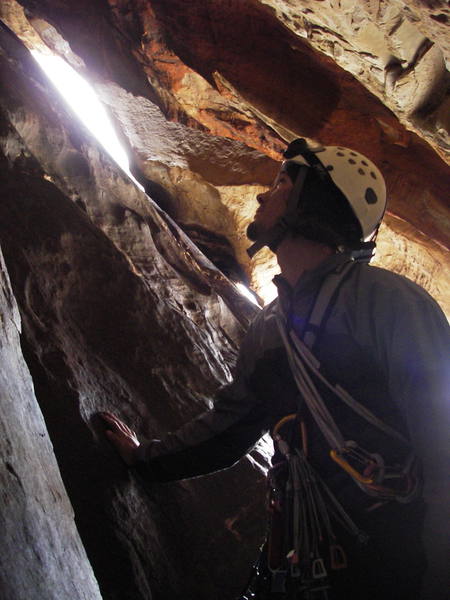 Me sizing up the wonderful tunnel pitch of Tunnel Vision. Photo taken by Tom Gray.