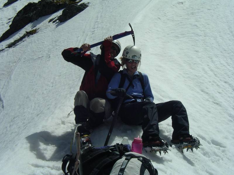 It's all fun and games until someone takes an axe to the head. Photo by Michael Rodenak. Slayer = me. Victim = Jody. Couloir = North Star.