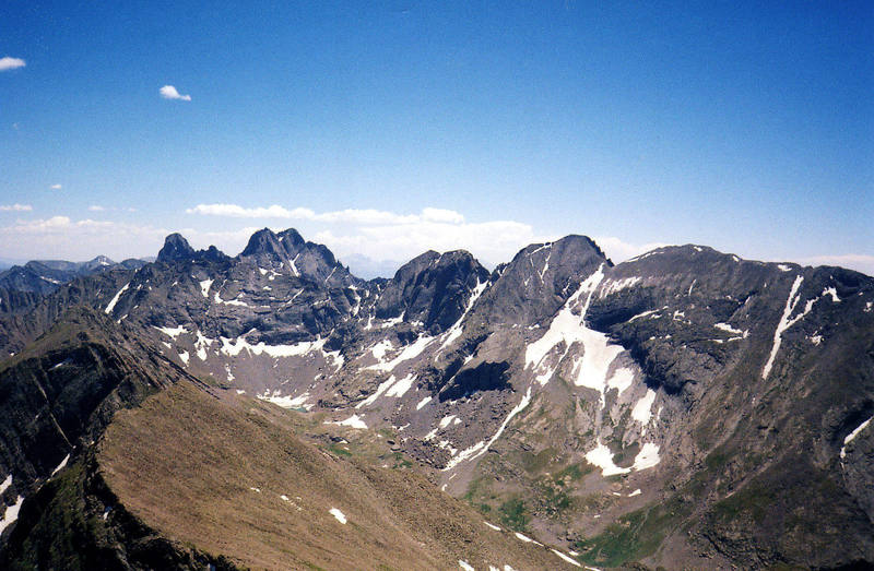 An unusual view of the Crestones from the summit of Mt. Adams.