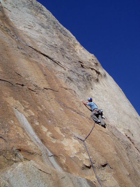 Glad to get to larger holds, Paul looks back at 1st crux. Many more to go!