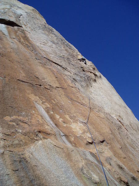 This is a great shot showing the complete first pitch of Figures On A Landscape. Zoom in to see all six bolts which isn't that many considering the length of the pitch!