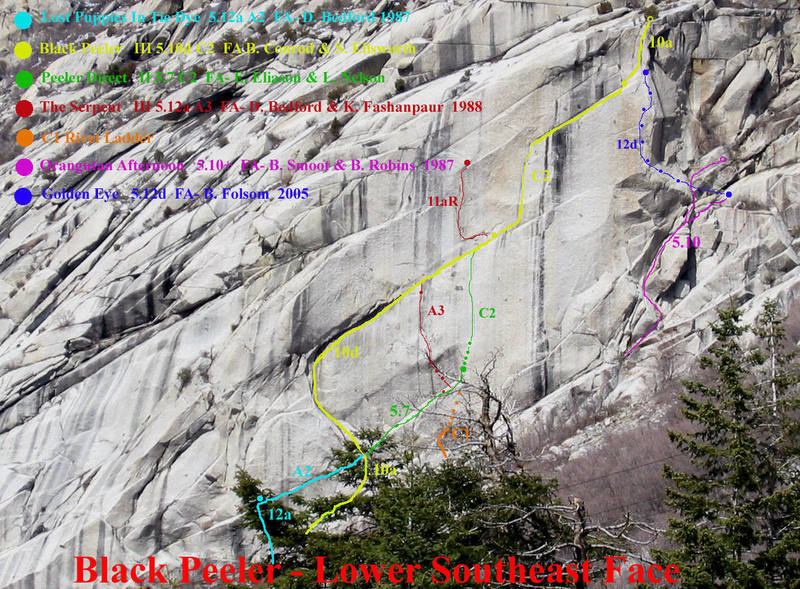 Photo/Topo of the Lower Southeast face of the Black Peeler Buttress. Little Cottonwood Canyon.