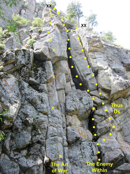New routes on the far left side of Crack Land, part of Avalon:<br>
<br>
1. The Art of War 10b, 9 bolts, corner to roof to arete.<br>
2. The Enemy Within 9, gear, chimney.<br>
3. Thus Us 9, gear, hand and fist crack.
