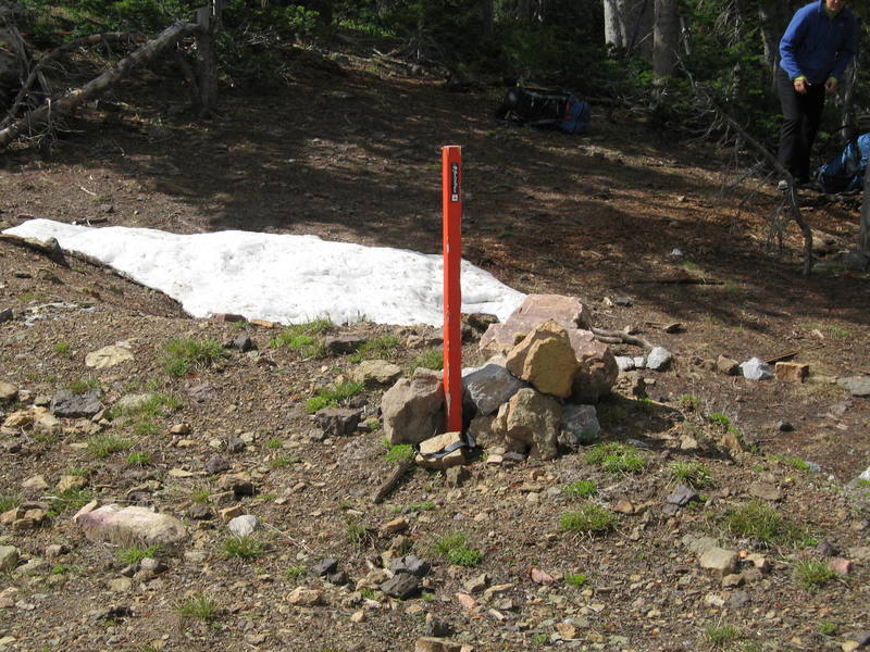June 2006 - this little sign off the service road marks the approach trail down to the buttress. We left our packs here (hang them!)