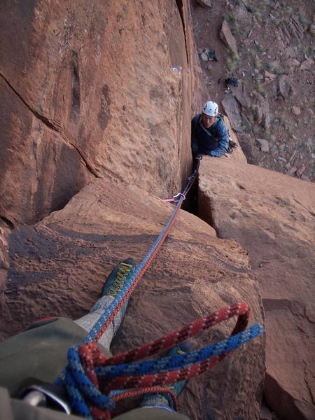 AC coming up to the first belay, Dunn Route.