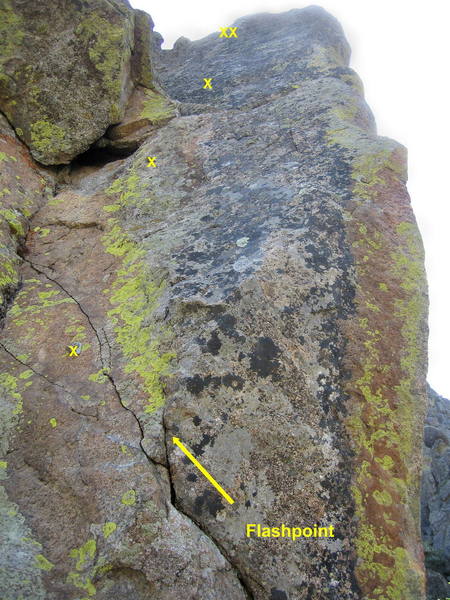 Flashpoint. Start atop Disinclination. Step left into an awkward corner and climb past 3 bolts to the anchor.