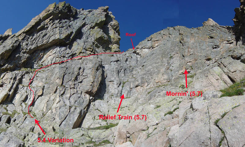 Three options above the East Meadow (we did the 5.4 variation I indicated). Photo taken June 25, 2006. Sorry for the crappy stitch job.