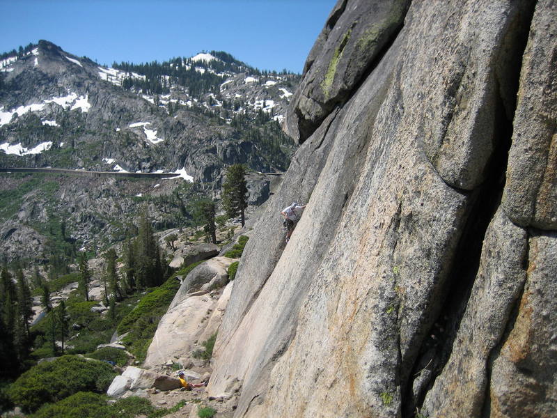 Brad on the slash. A good view of the entire climb. Photo by Joe LaBarbera.<br>