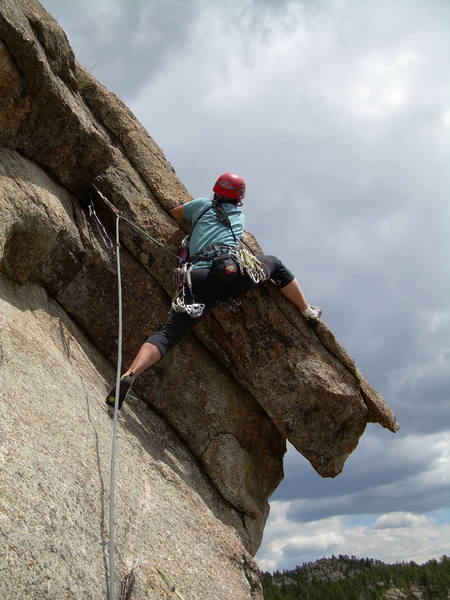1st crux of P2. Next crux, head for the manta ray head-like or manatee-tail-like chickenhead. A black Alien is useful just left of this jug. The chickenhead crux sequence is better than heading left, Allen.