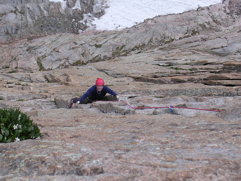 Looking down on our pitch 2 - guidebook pitch 3. Pitches 1-3 can be combined into 2 long pitches if each leader stretches the rope.