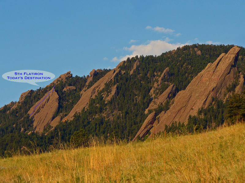 View of route from Chautauqua. Notice 5th Flatiron w/Route, 4th, and 3rd Flatiron with CU.
