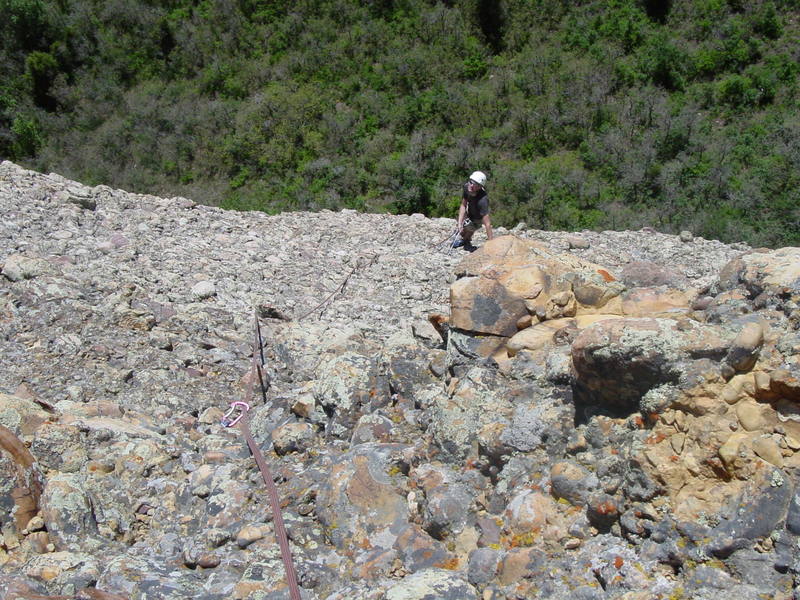 Looking back at pitch 3 of Salmfire. Yes, those rocks are very loose.