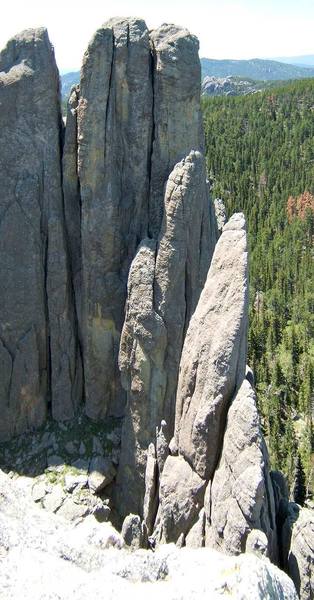 A little different view of Eyetooth from the summit of Spire Five. Spire Four and South Tower stand tall next to Eyetooth.