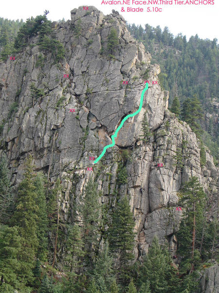 This photo shows most of Crack Land and all of the existing ring anchors, Tier 3. The new route BLADE is marked in pale green. Note:  The ring anchors above War Horse (not shown here) are in.