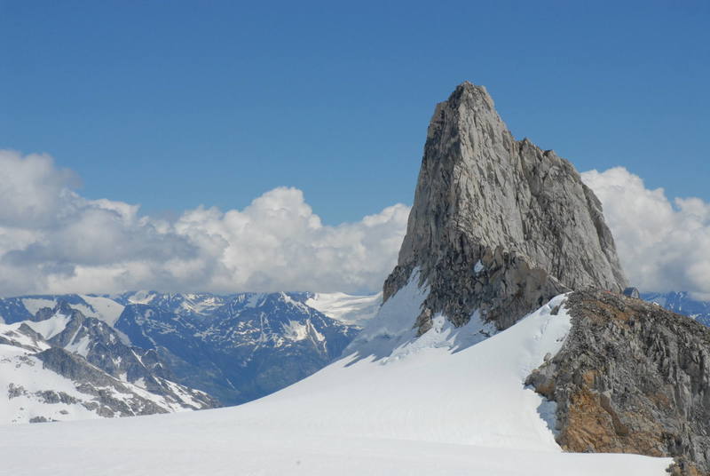 This is Claw Peak, the West Ridge (5.6), which we climbed 4 days later in full-on conditions, faces the camera. The Plummer Hut can be seen just at the base of the ridge on the right side of the photo.