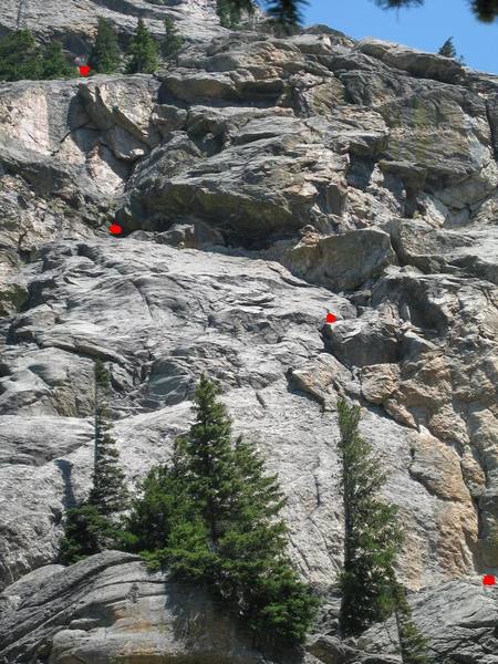 First 3 pitches of Aerial Boundaries, with start and belays marked.
