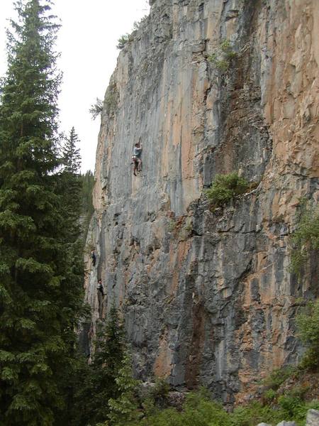 The North Wall.<br>
Climbers on (L to R) Blood (11c), Tears (11a) and 22 Acacia Avenue (11a),