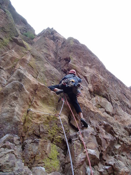 Starting the crux section. It's awkward and insecure for about 15'.