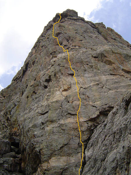 This is roughly the line you should follow. The topo in the book is hard to follow, but after climbing the route, the line drawn makes the most sense. We ended up climbing in too far from the right for the first pitch and a half, but climbed the rest of the route correctly, passing the fixed pins and all