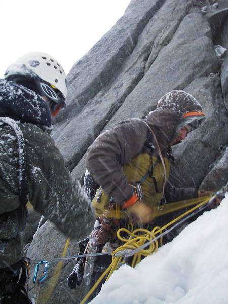 Rapping down the south face of the Claw as the storm and nightfall closed in around us. Seth and I are in the photo pulling the rope for rappel. Photo, once again, by Tom Gray.