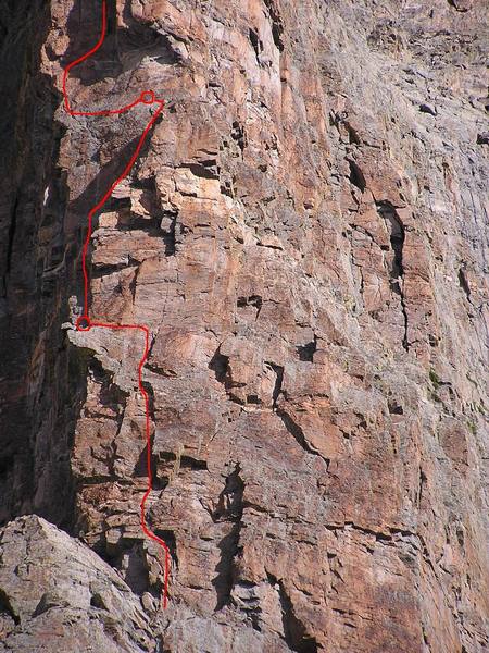 High Res of the first 3 pitches...<br>
<br>
The 3rd pitch had a few gripping 5.10 moves as you link thin cracks moving right from the arete back to the large LF dihedral.  I thought this pitch was harder than the "crux" pitch.
