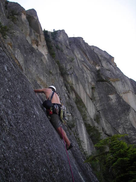 Climbing up the fist crack on pitch 10, and loving it. Look at the view!