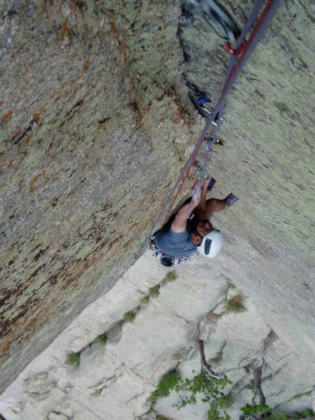 Chuck laybacking the "splinter" P2 dihedral crack. Photo by Luke Clarke, hanging from the bolts at the end of the climb. I led on doubles, lowered, then TR'd Luke and Chuck each on a single strand.