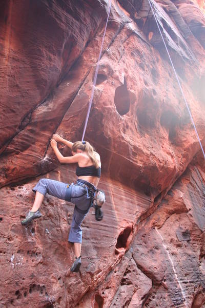 Sheri on the small crimpers at the bottom of the route!