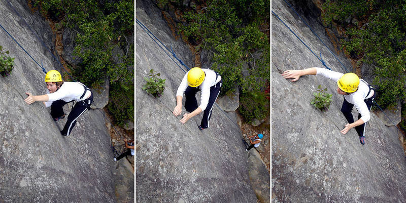 Stephanie Kinnear executes delicate side-pulling on "Fine Line."  This sequence marks the first of 3 cruxes, each of a very different nature. <br>
<br>
NOTE: the cute green folliage has since fallen off the route.