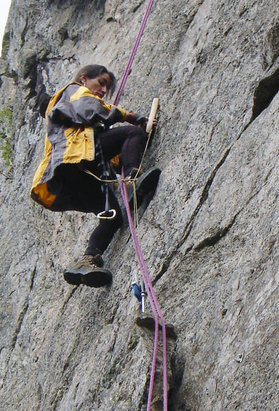 Joan Johns cleaning in the rain, Twin Cracks Right, Watermark.