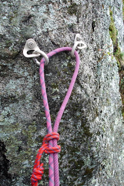 These are the new ring anchors at the top of War Horse. They drop you straight down the route to the trail.