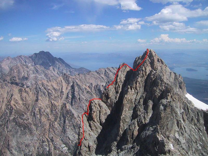 The Serendipity Arete from the north side of the Grand. The third tower is just left of the big gap in the red line.