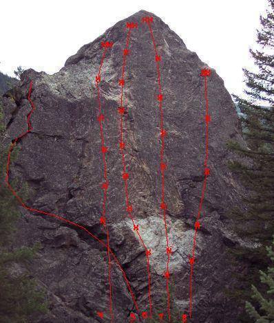 4. Hostile Krainzover - 5.10, 5 bolts.<br>
5. 5.6 crack.<br>
6. Feet Do Not Fail Me Now - 5.8, 8 bolts.<br>
7. The Spine - 5.10, 7 bolts.<br>
8. Flakin' Out - 5.10a, 4 bolts.