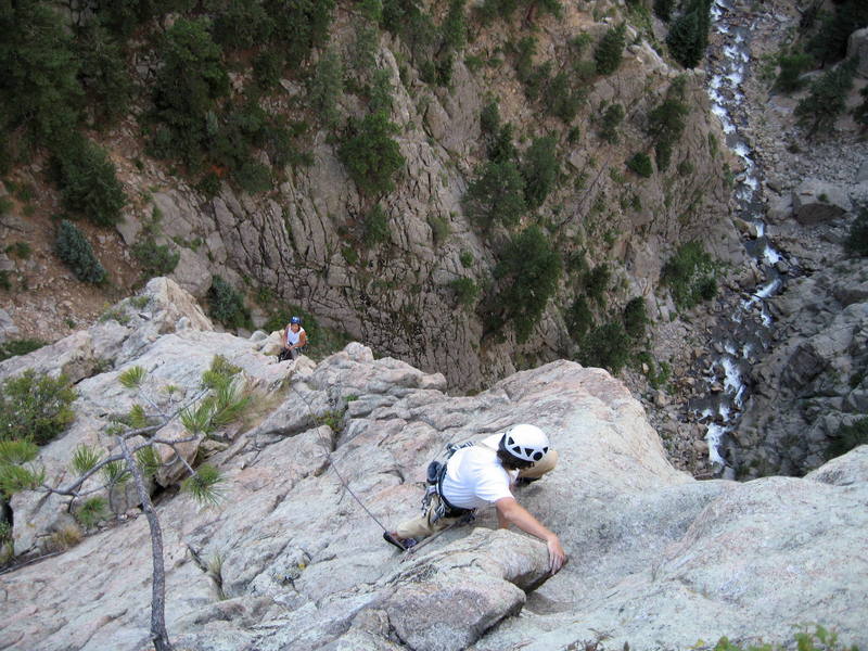 Jonas and Yvonne D'Andrea on the third pitch, with North Boulder Creek far below.