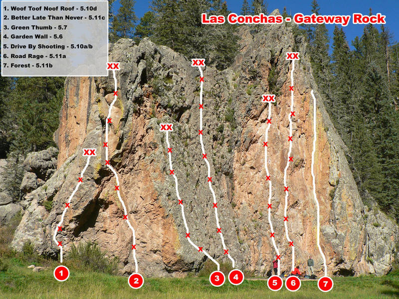 Las Conchas Gateway Rock route topo photo created by Jason Halladay.