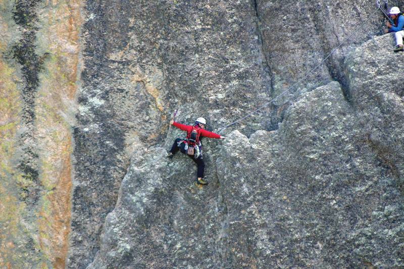 Very near the end of pitch one, the flake temporarily merges into the wall leaving a fairly large gap that must be crossed. Angela and I both had the same thoughts when we encountered this gap: "Herb and Jan, you're fricken' crazy!!!" I thought this to be the highlight of pitch one!