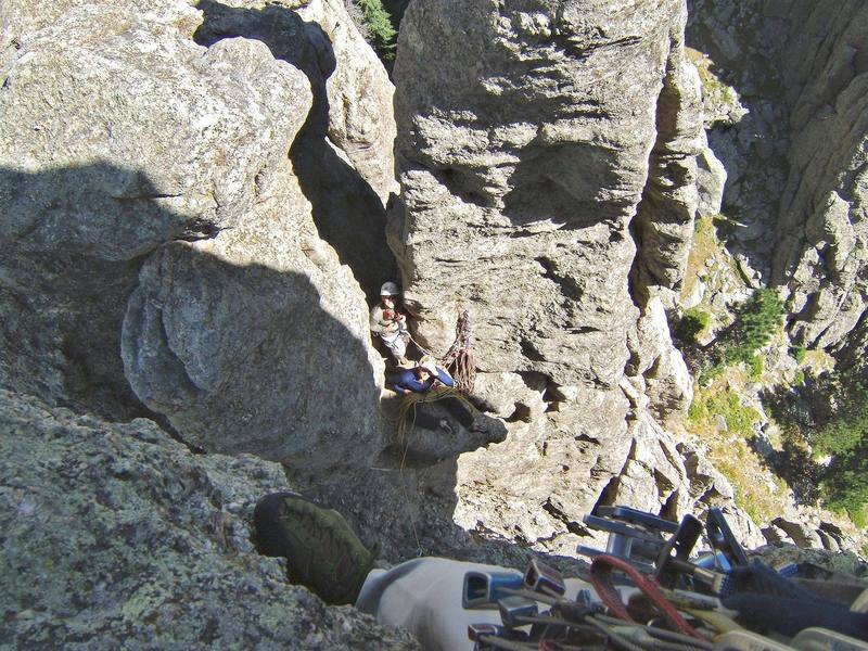 Looking back to the cozy belay at the end of the pitch two, while Angela arp and Matt Misfeldt cheer me on.