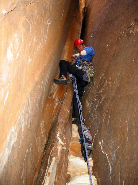 Jared Coburn on one of the chimney pitches, 11/2/02.
