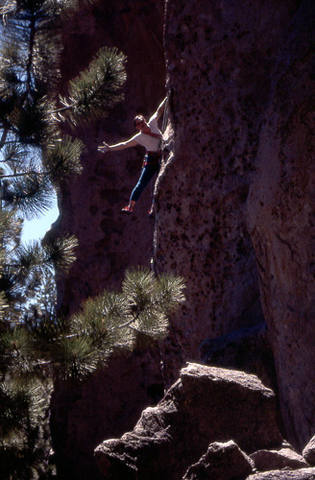 Errett Allen, clowing around, on the first ascent of "Welcome to Bohemia".<br>
Photo by Blitzo.