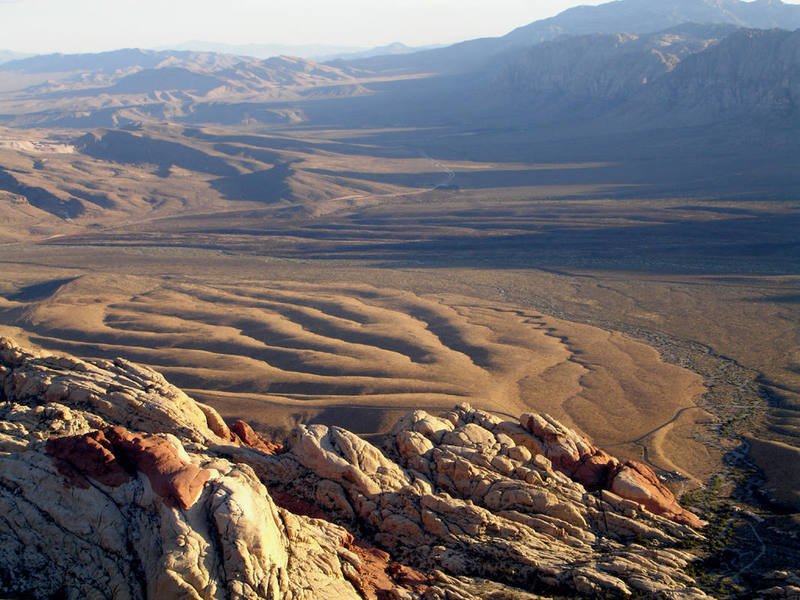 Looking down at Sandstone Quarry from atop Turtle Head peak. <br>
<br>
Note the parking area of S.Q. on the lower right corner of photo. Most of the climbs in S.Q. are a fairly short approach from the parking lot.