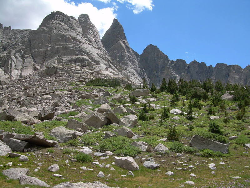 A shot of the back side of the Cirque. The Sharks Nose is the prominent center peak.