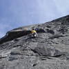 Paul just above the 3rd bolt getting ready for the first hard moves on the climb.