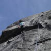 Sallie checking out the moves at the second crux.