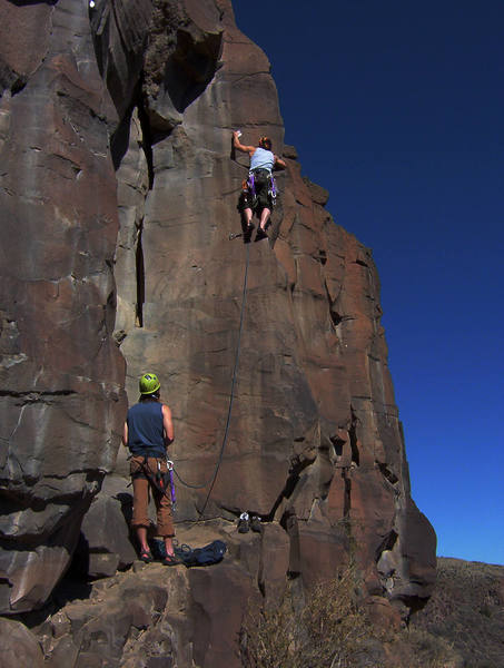 My self climbing this quite enjoyable route, thus the name. Such generous slack from my safety minded cohort.