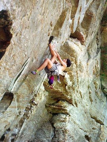Tony Bubb on Ro Shambo, (11c) at Roadside Crag in Red River Gorge, KY. Picture by Sonia Salgado, Circa 1992.